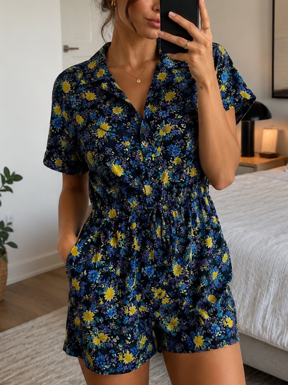 Vintage 90s Floral Print Collared Short Sleeve Romper Jumpsuit Playsuit